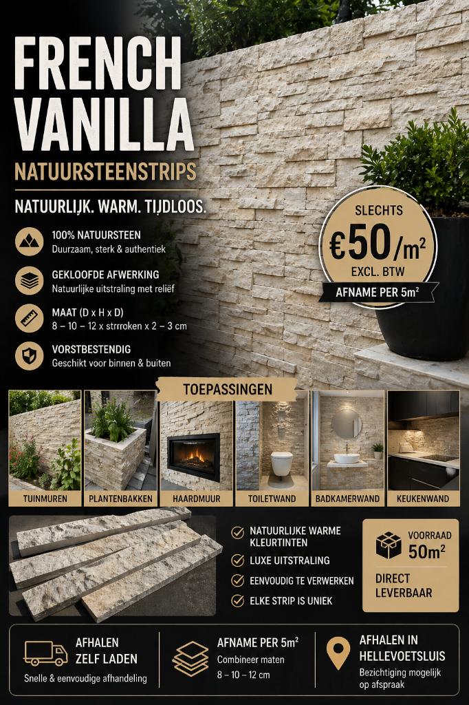 FRENCH VANILLA NATUURSTEENSTRIPS – €50 p/m² EXCL. BTW, Ophalen, Nieuw, Overige typen