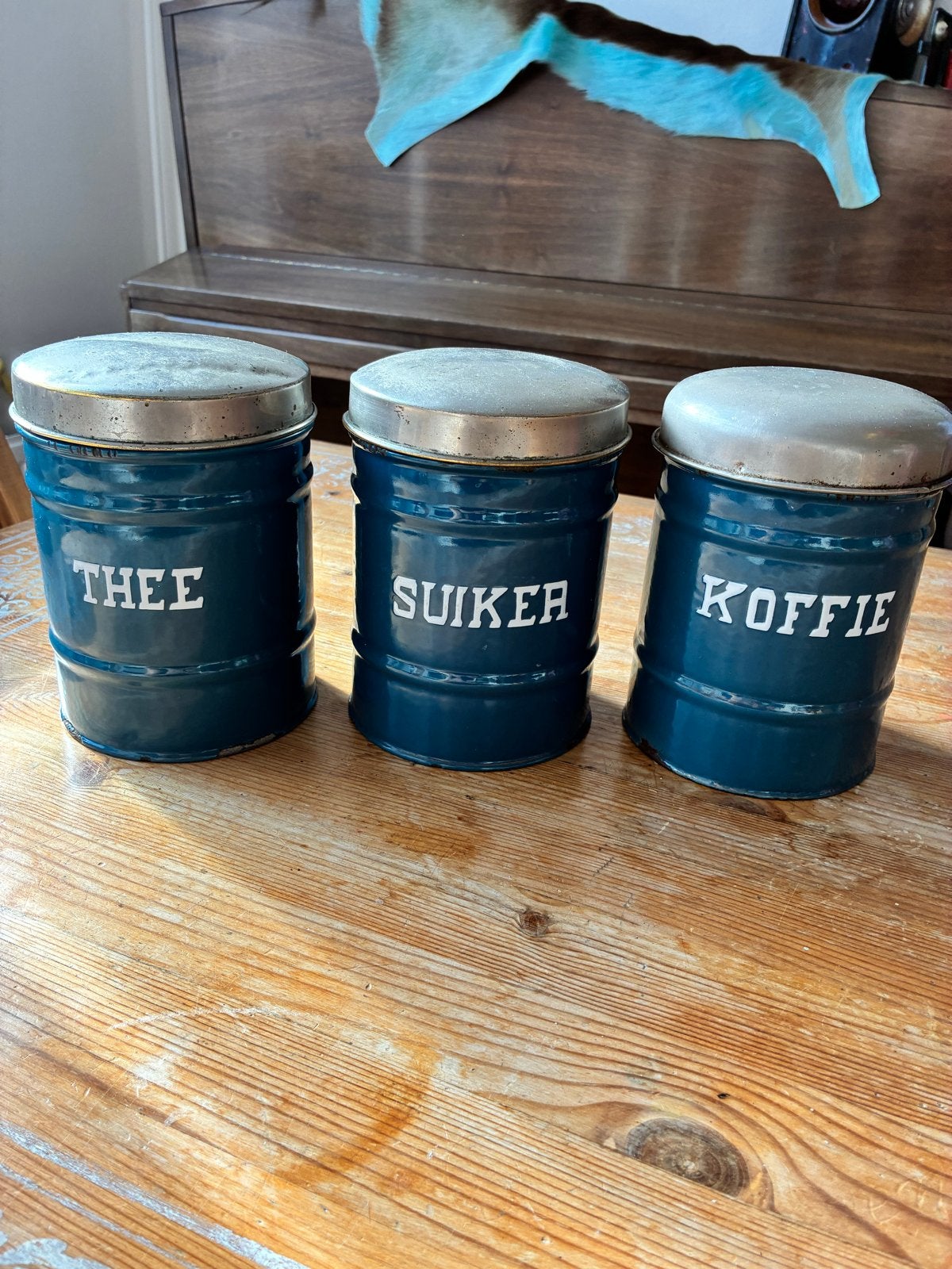 Vintage Emaille Voorraadpotten - Thee, Suiker, Koffie, Antiek en Kunst, Ophalen of Verzenden