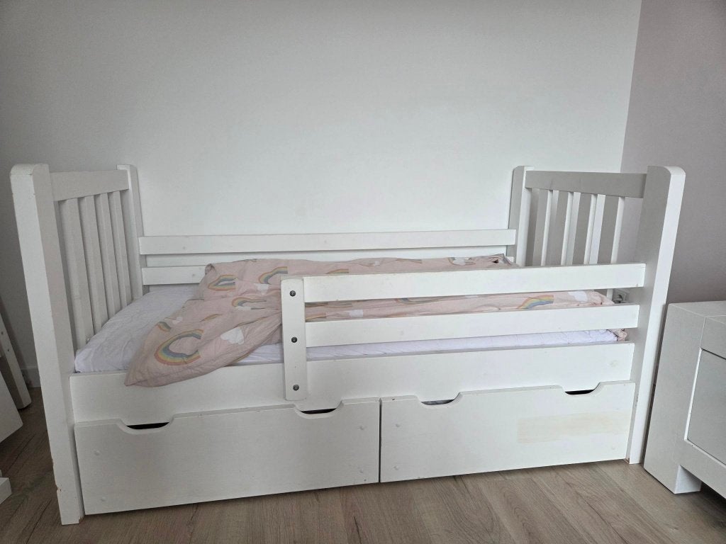 Peuterbed, massief hout, wit, 2x bedlade, Kinderen en Baby's, Ophalen, Gebruikt, 70 tot 85 cm, 140 tot 160 cm