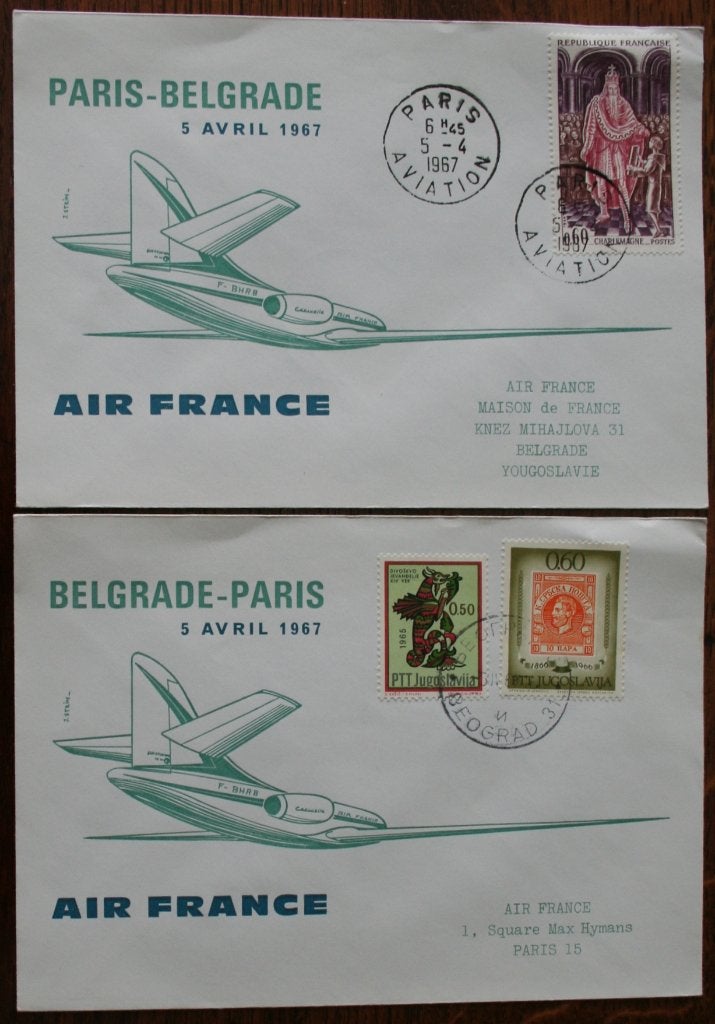 2 enveloppen Air France, Paris- Belgrade V.v. 5-4-67, Ophalen of Verzenden, Gebruikt, Kaart, Foto of Prent
