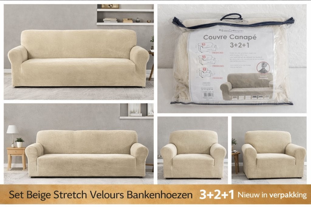 Nieuwe 3+2+1 Stretch Velours Bankhoezen – Beige, Ophalen of Verzenden, Nieuw, 75 tot 100 cm, Stof