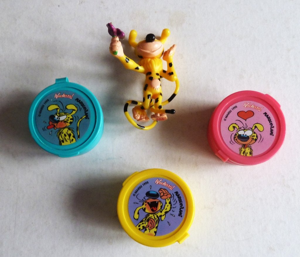 Marsupilami set Quick 1995 figuur en Pog/Cap/Flippo's, Verzamelen, Stripfiguren, Ophalen of Verzenden, Guust of Robbedoes, Zo goed als nieuw