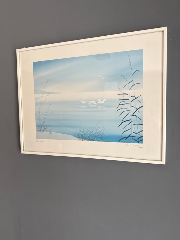 Ingelijste kunstprint: Blauw landschap met vogels, Antiek en Kunst, Kunst | Schilderijen | Klassiek, Ophalen