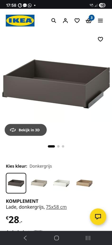 IKEA KOMPLEMENT Lade, donkergrijs, 75x58 cm, Ophalen, 50 tot 100 cm, Zo goed als nieuw, Met lade(s)