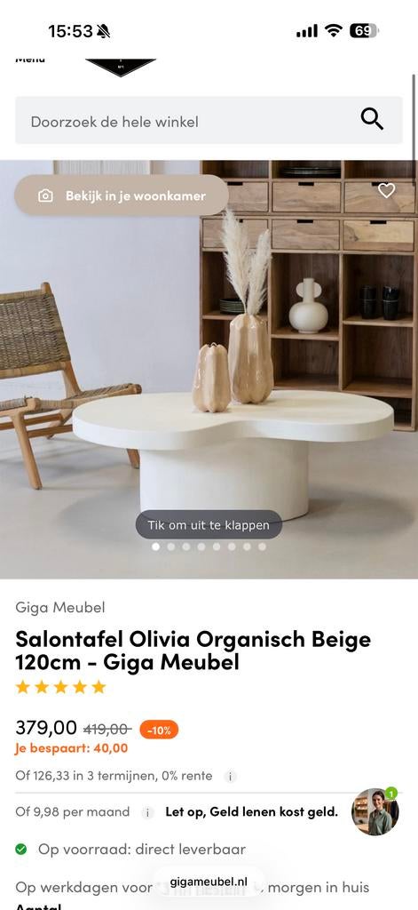 Salontafel japandi organisch Gebroken Wit - 120cm, Huis en Inrichting, Tafels | Salontafels, Zo goed als nieuw, Minder dan 50 cm