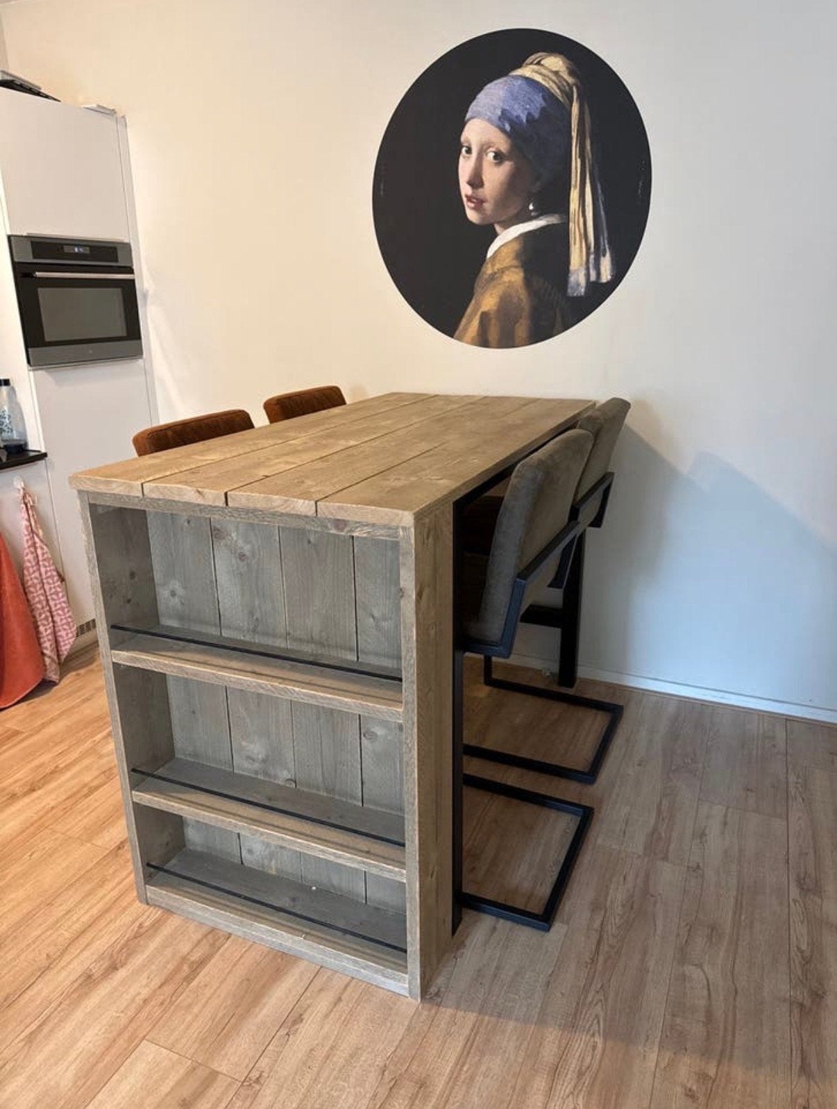 Steigerhouten bartafel 180x80x110 cm met opbergvakken, Gebruikt, 150 tot 200 cm, Vier personen, Rechthoekig