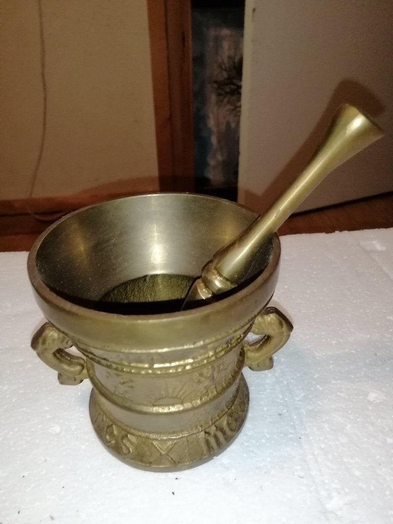 Antiek zwaar bronzen vijzel met stamper, 11x11cm, Ophalen of Verzenden, Koper