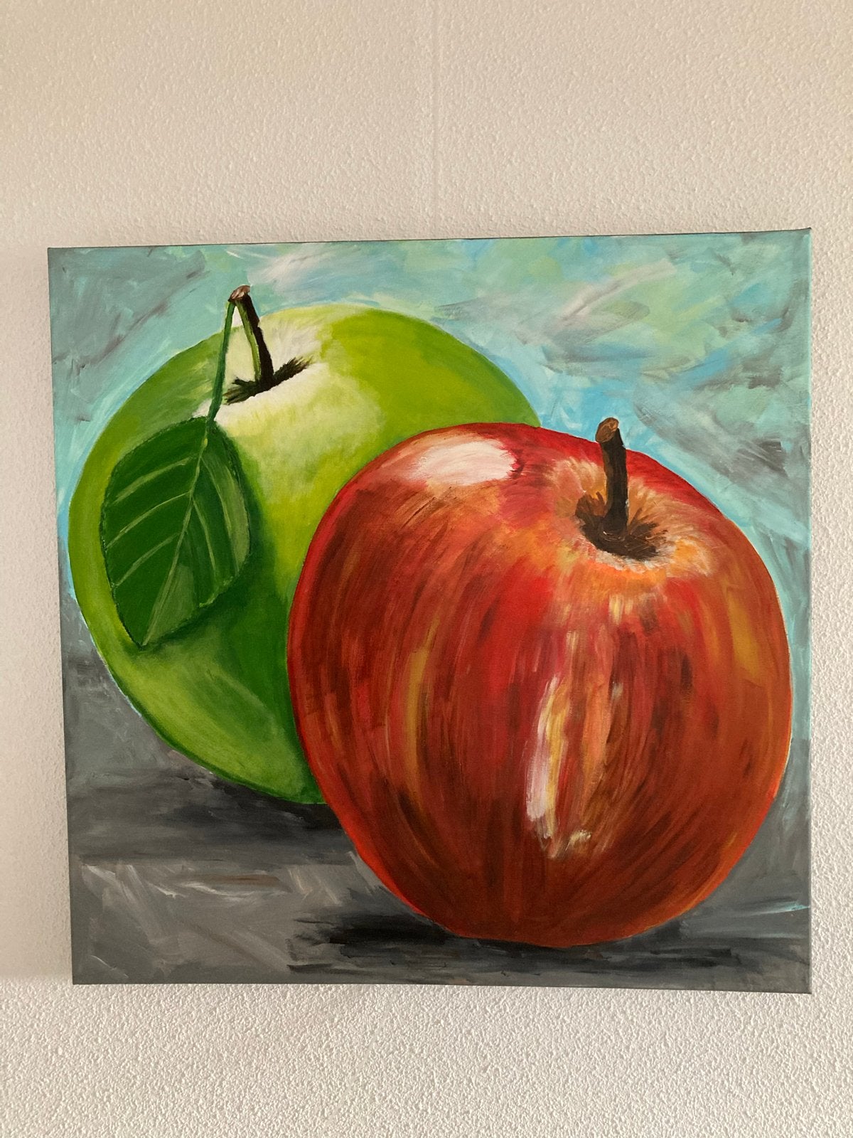 Levendig stilleven: Rode en groene appel, Acrylverf, Stilleven, Handgeschilderd, Ophalen of Verzenden