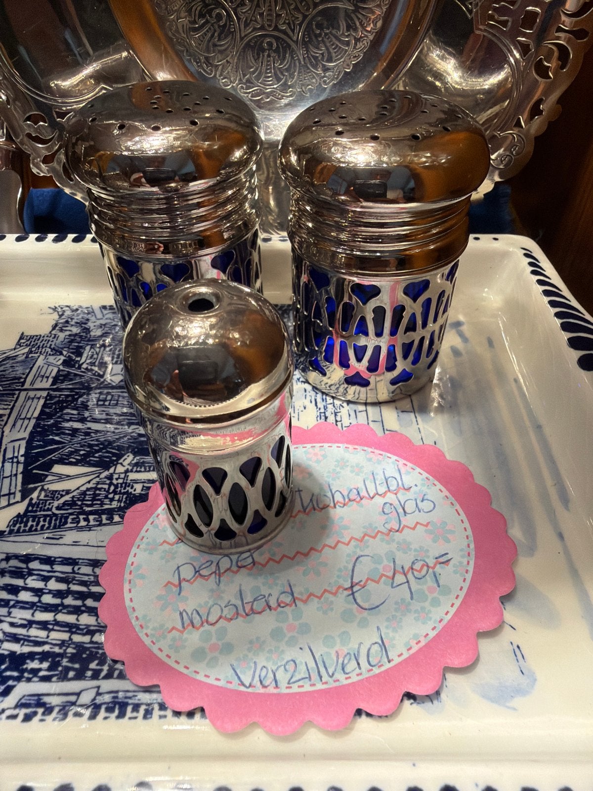 Verzilverde peper- en mosterdset met blauw glas, Ophalen of Verzenden, Zilver