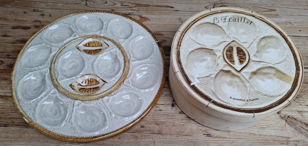 Vintage Franse oesterschaal + 6 oesterborden , St.Clement, Ophalen of Verzenden