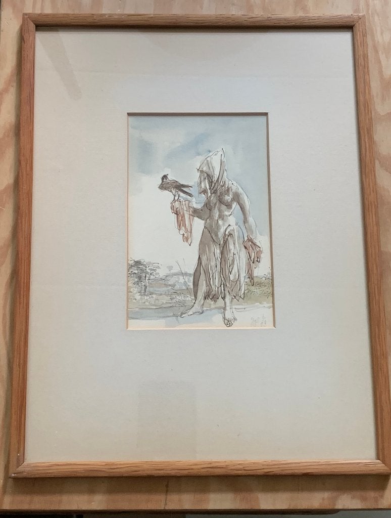 Peter Vos - Birdwoman with falcon/Vogelvrouw met havik 1968, Ophalen of Verzenden, Tekening, Aquarel, Handgemaakt