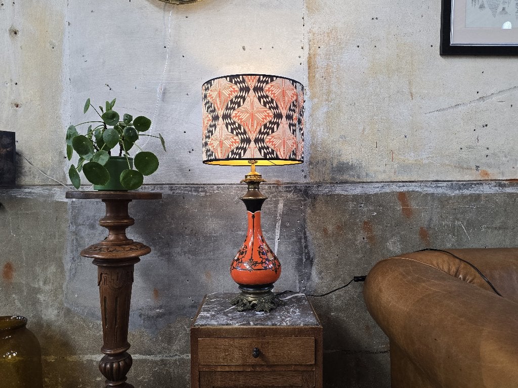 Antieke Lamp Oranje Porselein | Vintage Tafel Lamp Art Deco