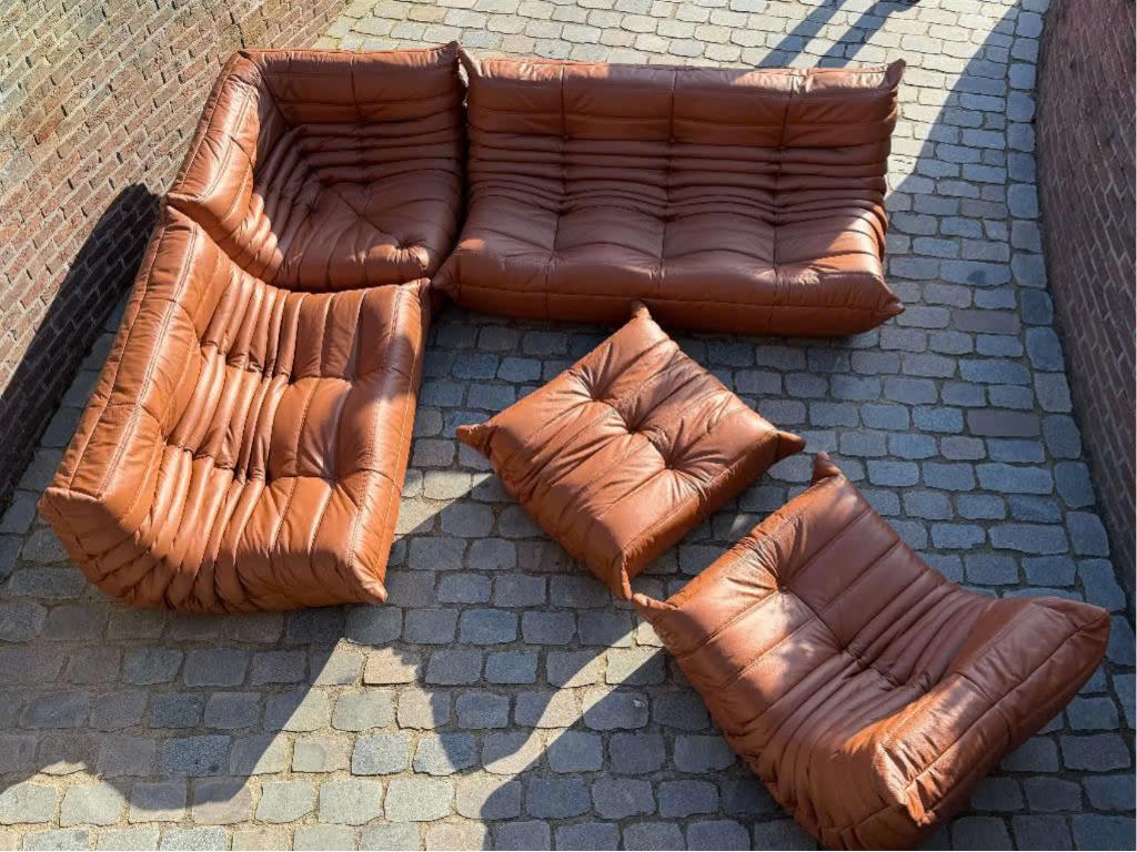5-delige Togo Ligne Roset sofa - cognac lichtbruin leder, Huis en Inrichting, Banken | Sofa's en Chaises Longues, Ophalen, Zo goed als nieuw