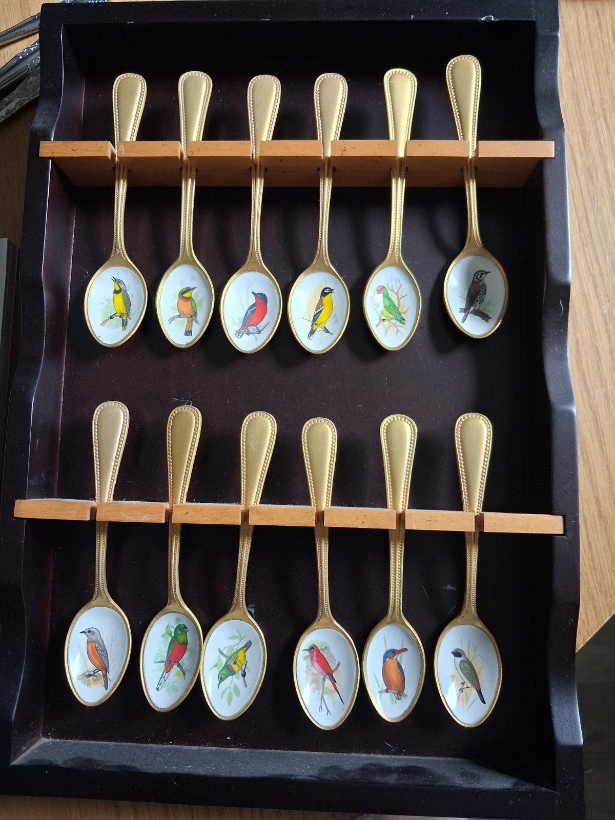 Complete set van 12 vergulde lepeltjes met vogelmotief, Ophalen of Verzenden