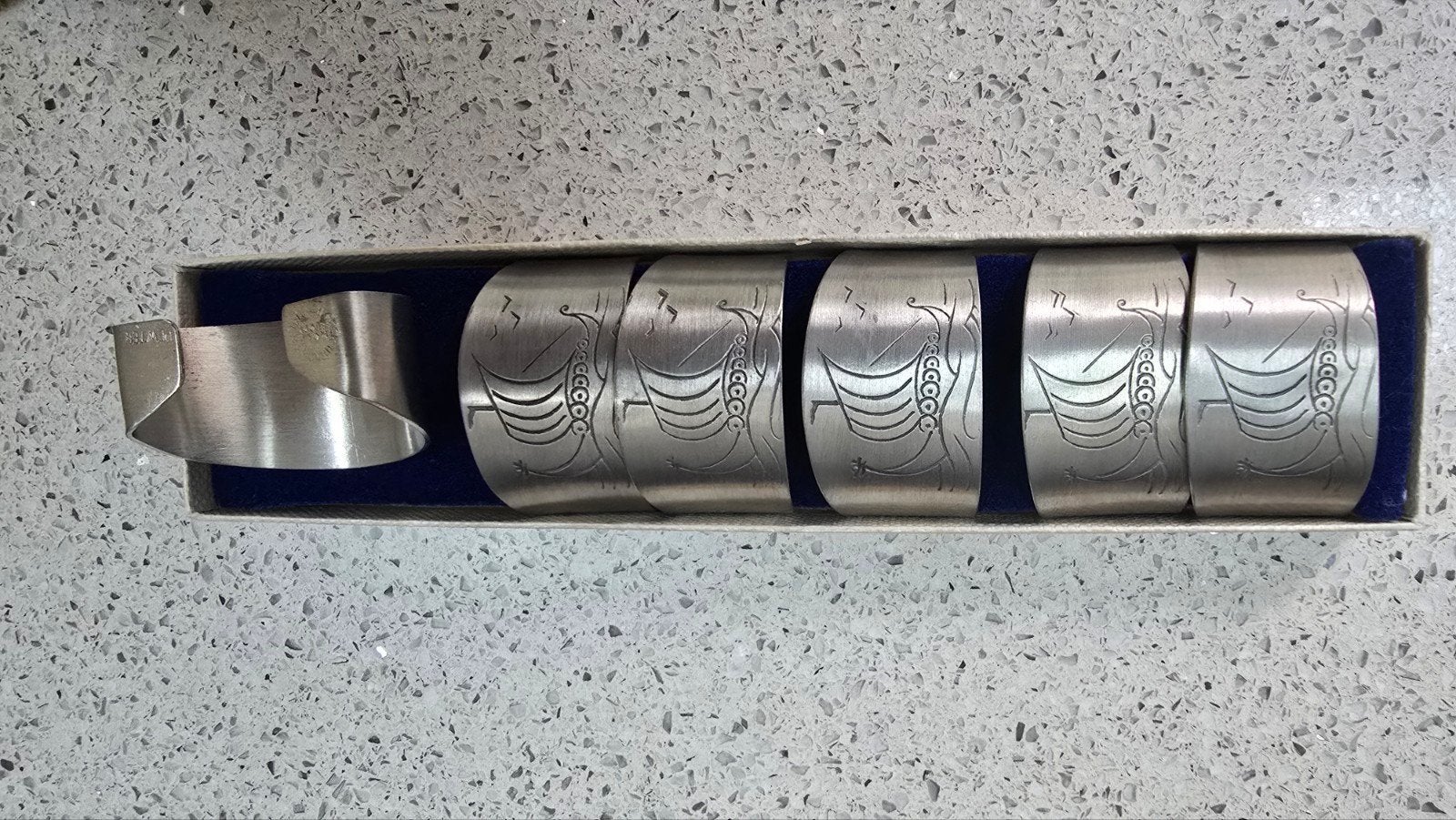 Set van 6 vintage tinnen servetringen met Vikingboten, Ophalen of Verzenden