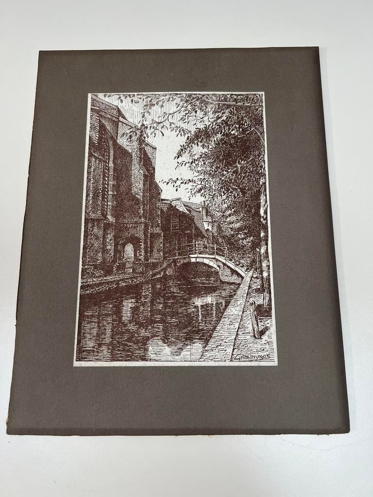 Mooi Ingelijste Etsafdruk Pentekening GRACHT door Graumans, Antiek en Kunst, Kunst | Etsen en Gravures, Ingelijst, Stadsgezicht