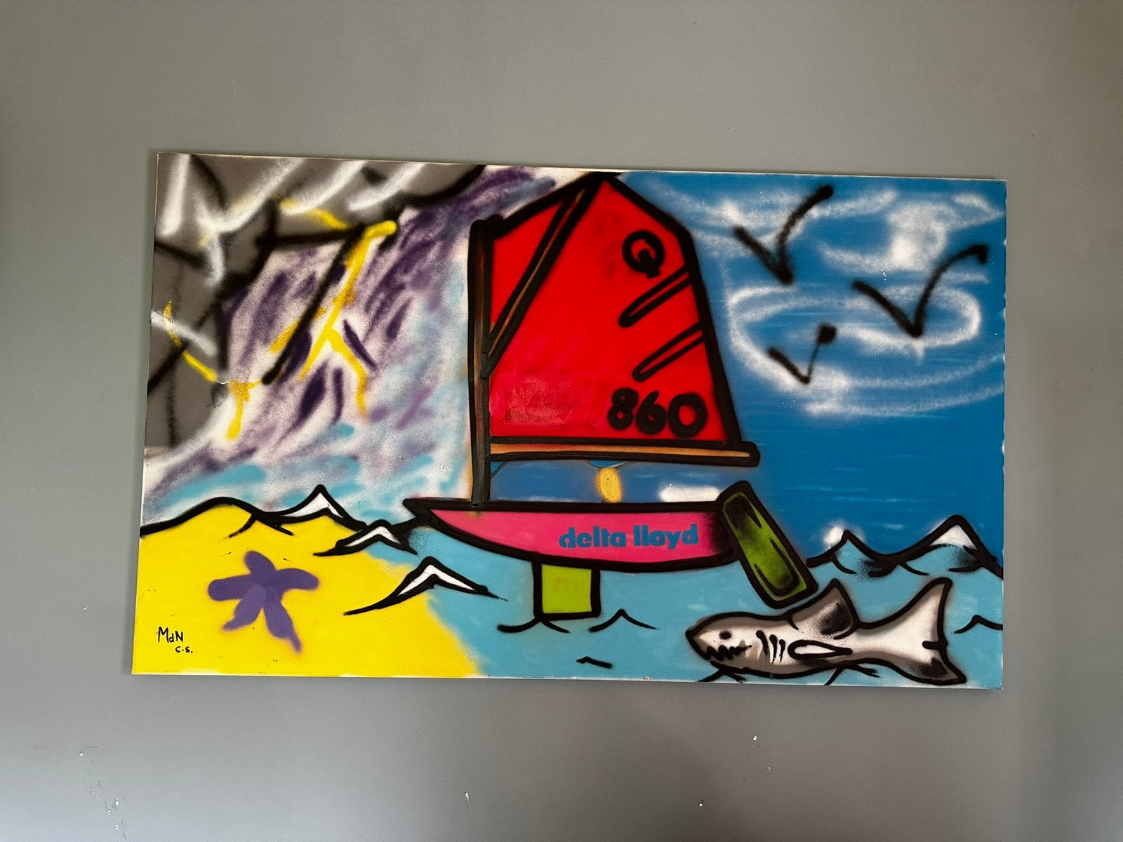 Groot schilderij vis haai zeilboot zeester Delta Lloyd, Ophalen