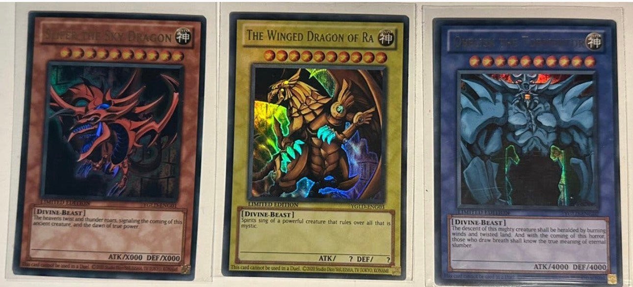 Yu-Gi-Oh! Egyptian God Card Set YGLD Print !, Hobby en Vrije tijd, Ophalen of Verzenden, Zo goed als nieuw, Meerdere kaarten, Foil