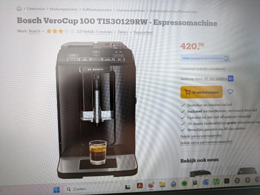 Bosch VeroCup 100 volautomatische koffiemachine, Witgoed en Apparatuur, Koffiezetapparaten, Ophalen, Gebruikt, 10 kopjes of meer