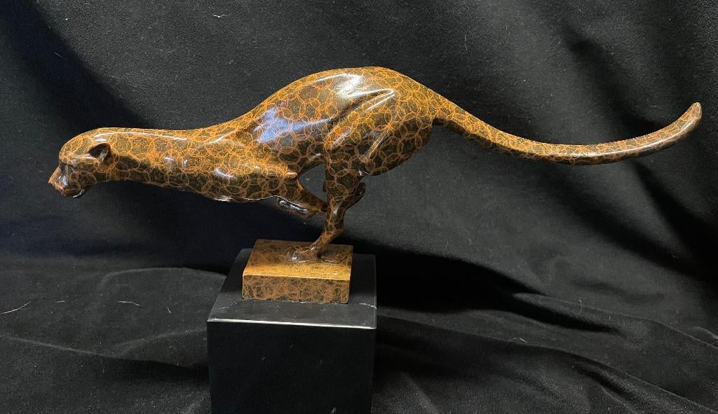 Bronzen luipaard Art Deco gesigneerd gekleurd zuiver brons, Ophalen of Verzenden