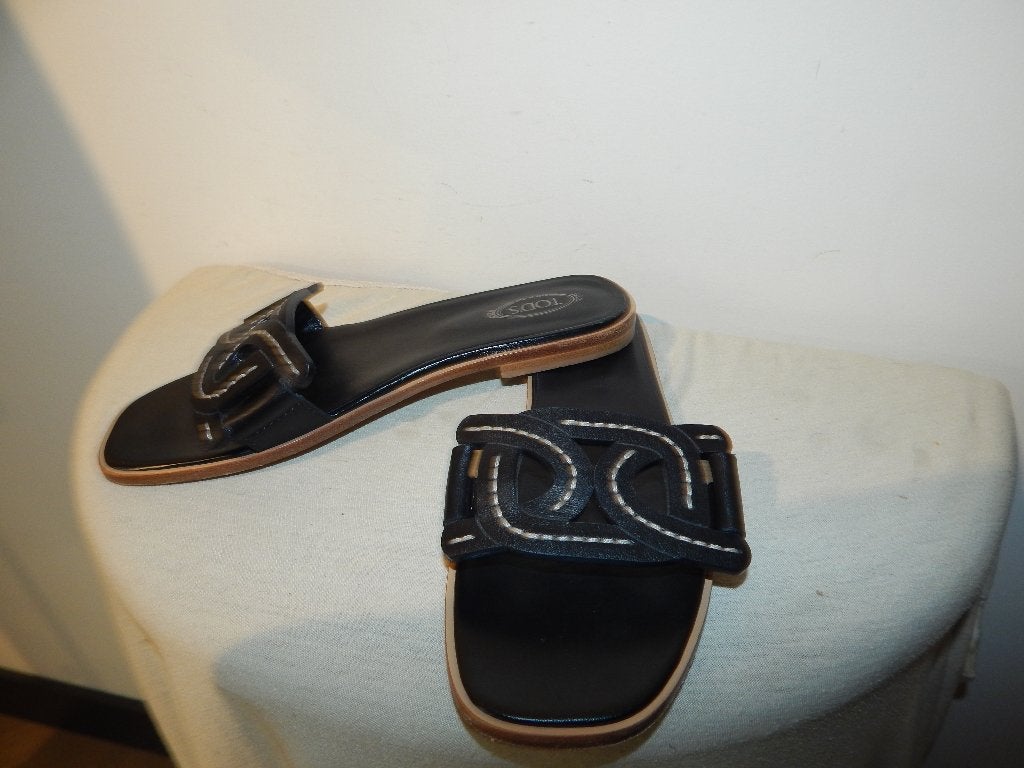 Tod's leren slippers sier band stiksel open gewerkt mt 38, Kleding | Dames, Schoenen, Verzenden, Zwart, Sandalen of Muiltjes, Zo goed als nieuw
