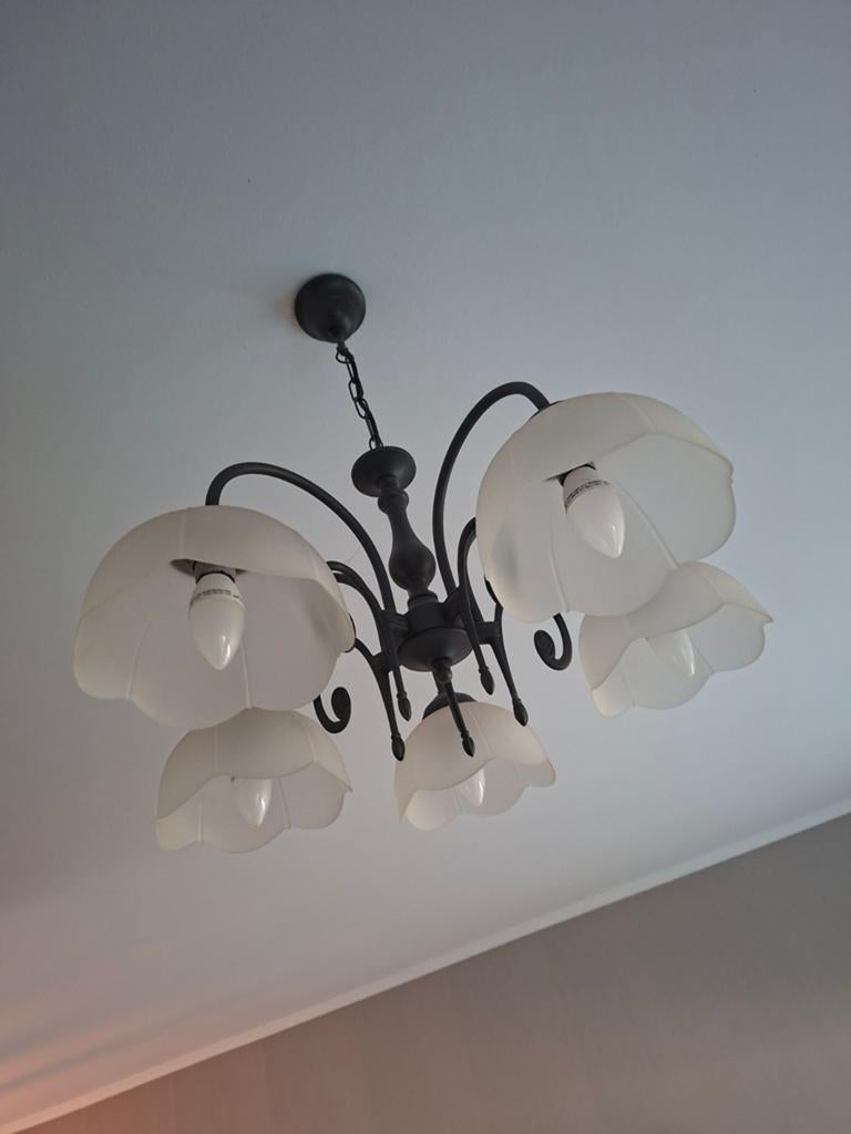Elegante hanglamp met 5 glazen kappen, Ophalen, Gebruikt, Glas, 75 cm of meer