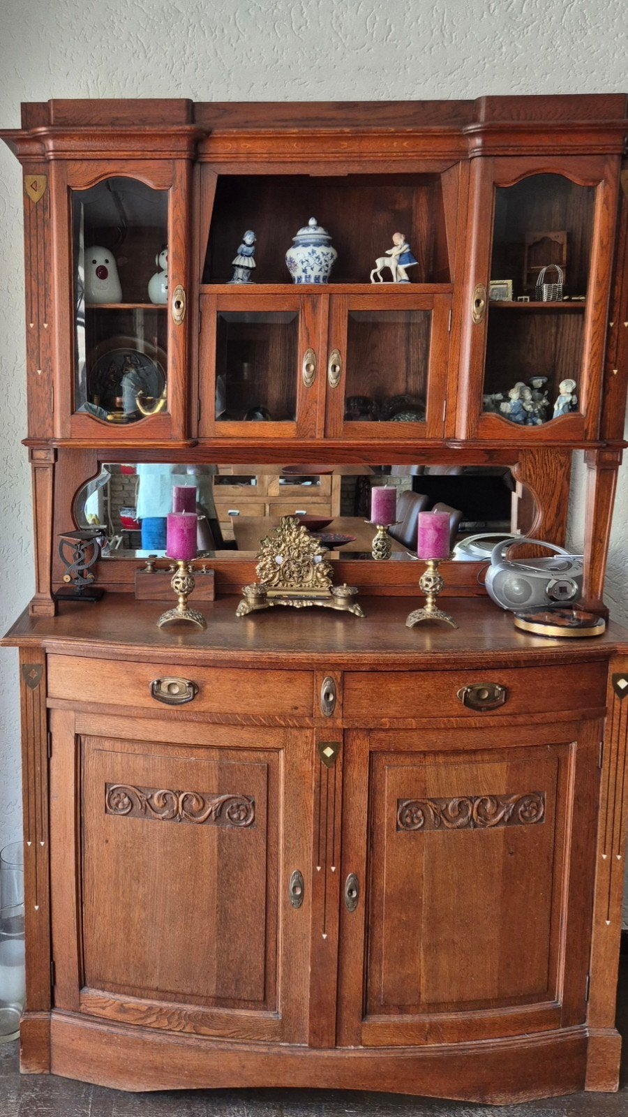 Antieke houten buffetkast met vitrine en spiegel, Ophalen