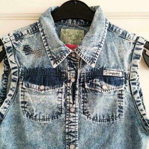 Vingino mouwloze denim blouse blauw "gevlekt" mt 152 34674, Kinderen en Baby's, Kinderkleding | Maat 152, ., Overhemd of Blouse