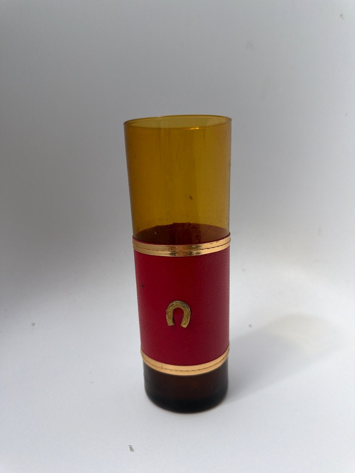 Vintage borrelglas met leren omhulsel en hoefijzer, Ophalen of Verzenden