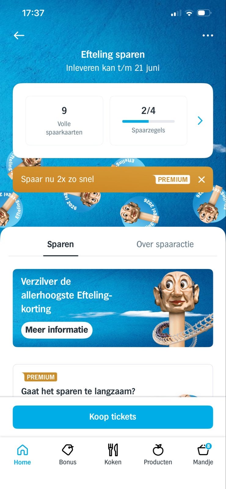 Efteling spaarzegels en volle spaarkaarten 9 stuks, Drie personen of meer, Kortingskaart
