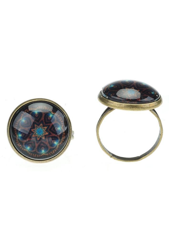 Mandala ring met glasdesign in bruin en blauw, Nieuw, Ophalen of Verzenden, 17 tot 18, Dame