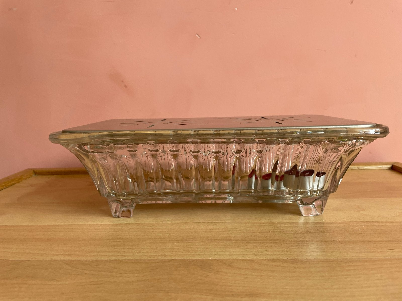 Vintage glazen theelichthouder met metalen rooster, Ophalen of Verzenden