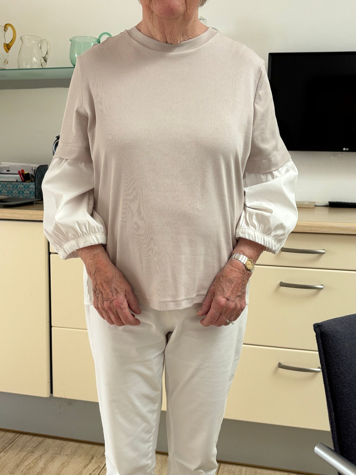 Gran Sasso Top met lange mouwen en contrasterende stof, Kleding | Dames, Beige, Maat 42/44 (L), Nieuw, Ophalen of Verzenden