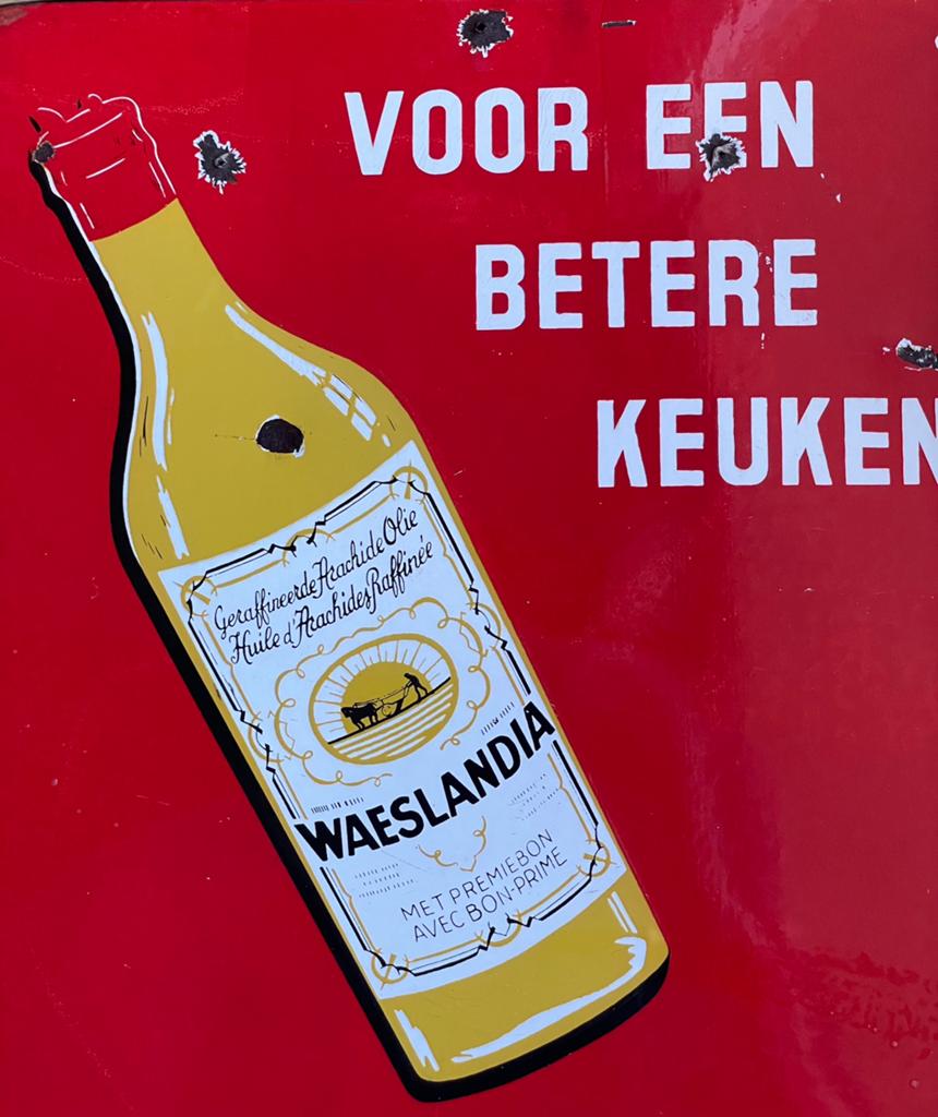 Emaille reclamebord Waeslandia / olie / keuken., Verzamelen, Merken en Reclamevoorwerpen, Reclamebord, Gebruikt, Ophalen of Verzenden