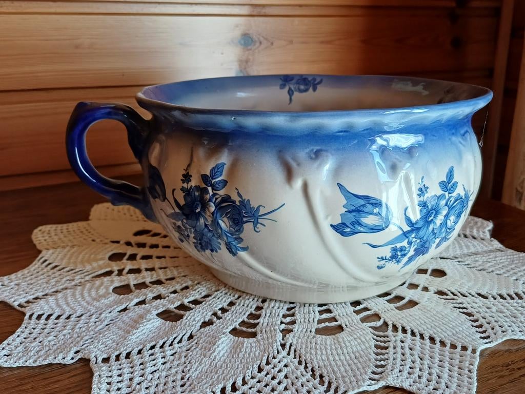 Antieke keramische pot met blauw bloemmotief, Ophalen of Verzenden