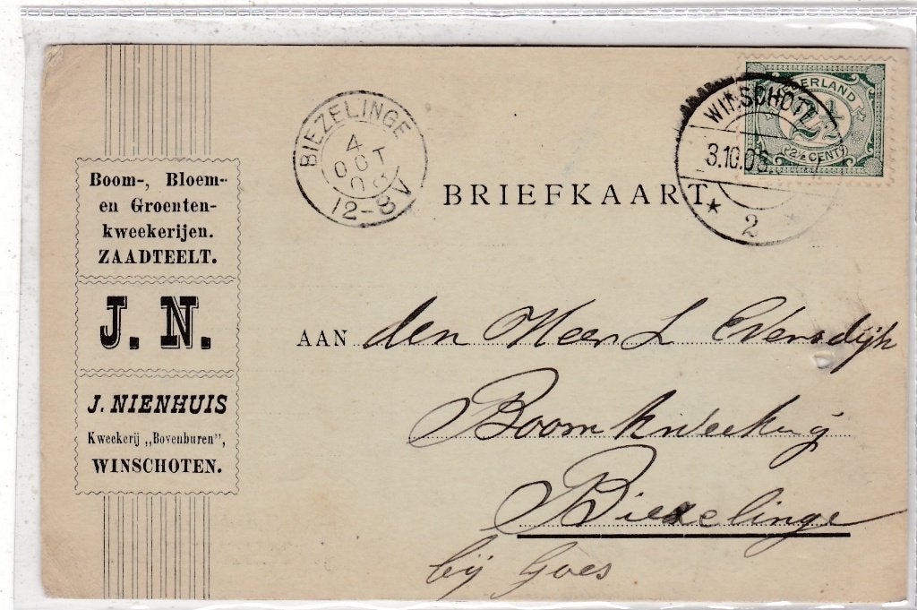 Winschoten-Briefkaart J. Nienhuis 1908, Verzamelen, Ansichtkaarten | Nederland, Ophalen of Verzenden, Voor 1920, Gelopen, Groningen