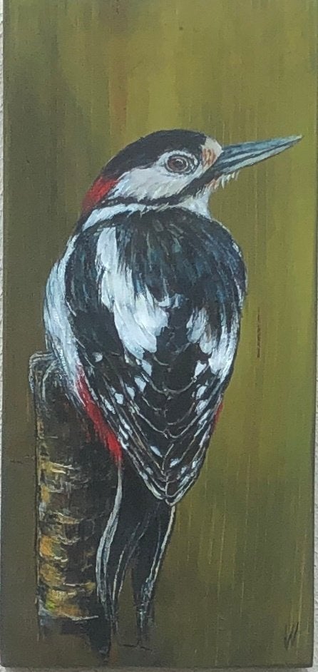 Schilderij bonte specht op gebruikt hout, Ophalen of Verzenden