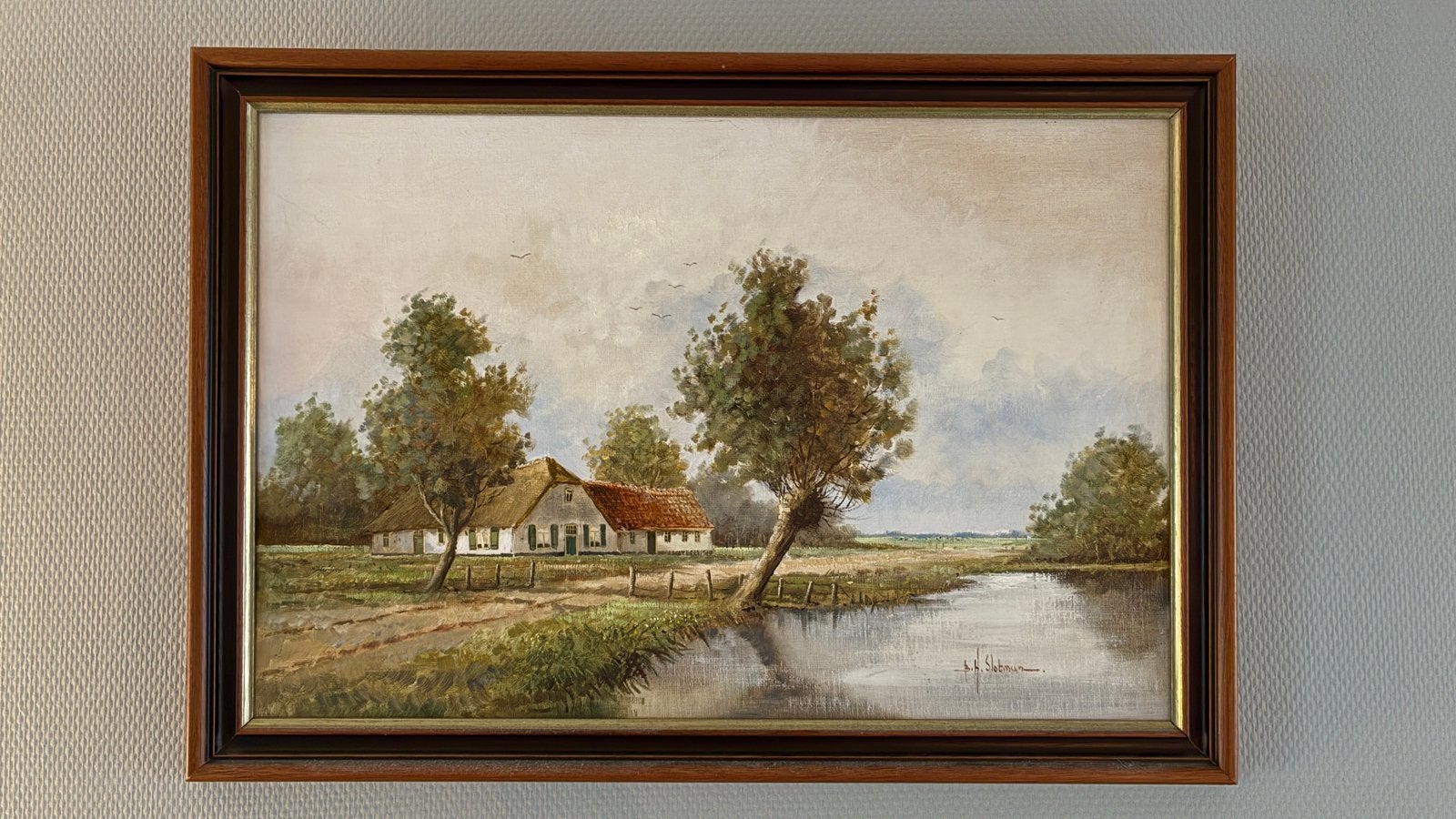 Klassiek olieverfschilderij - Boerderij -  B.H. Slotman, Doek, Oud hollands, Bijzondere lijst, Ophalen of Verzenden