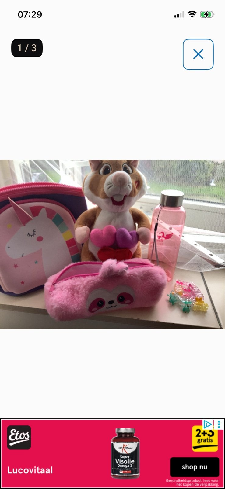Leuke set: Eenhoorn tas, luiaard etui, knuffel en drinkfles, Kinderen en Baby's, Ophalen of Verzenden, Gebruikt, Meisje