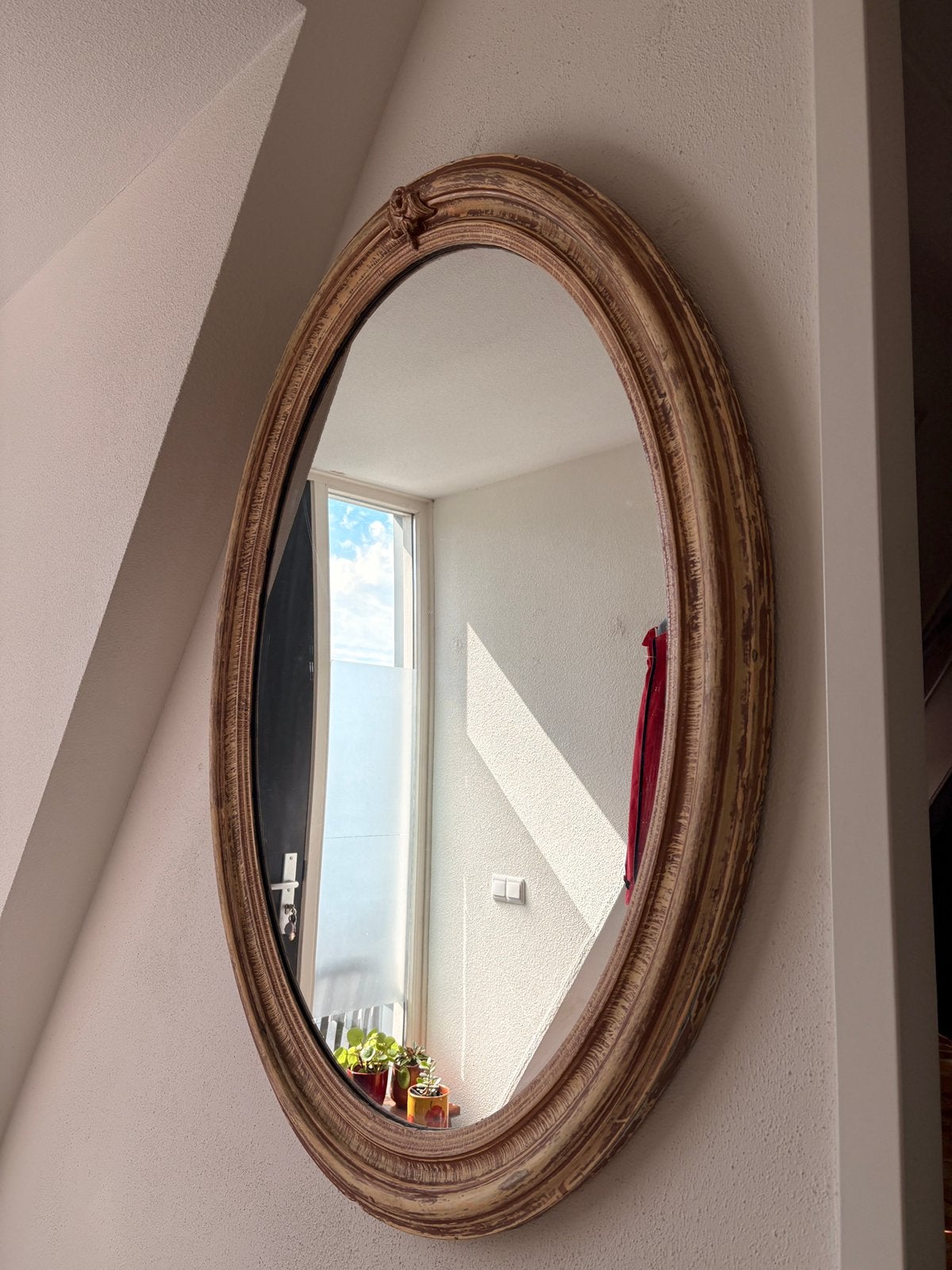 Vintage ovale spiegel (1969), Ophalen, Gebruikt, 100 tot 150 cm, 75 tot 100 cm
