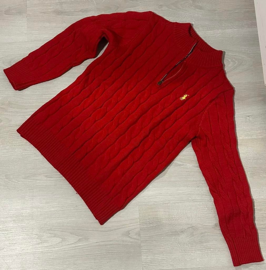 Ralph Lauren Kabeltrui - Rood - Met Rits (Half Zip) - L, Ophalen of Verzenden, Nieuw, Maat 52/54 (L), Rood