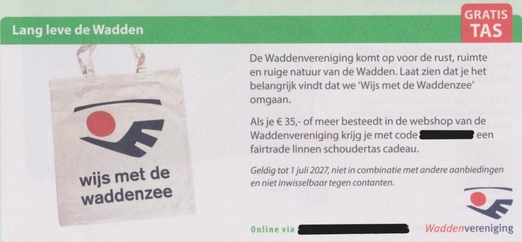 Lang leve de Wadden. Gratis tas bij €35,- besteding., Eén persoon, Kortingsbon, Warenhuis- of Winkelbon