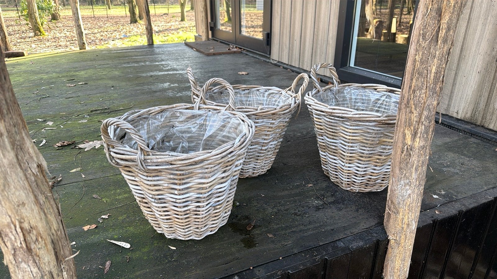 3 rieten bloembakken in een koop, Ophalen of Verzenden, Zo goed als nieuw, Rond, Minder dan 30 cm