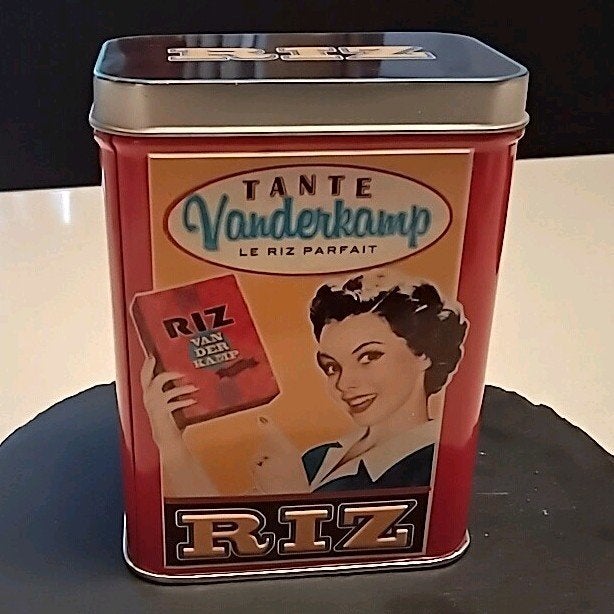 Vintage Tante Vanderkamp RIZ rijstblik – retro reclame, Ophalen of Verzenden, Gebruikt, Overige
