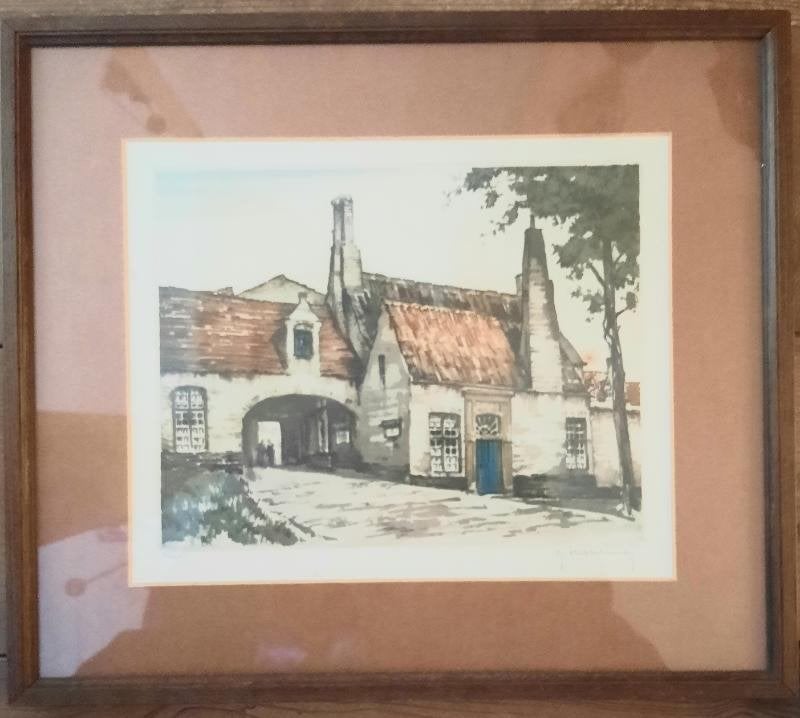 Ets van Roger Hebbelinck, Antiek en Kunst, Ophalen of Verzenden, Stadsgezicht, Ets, Handgekleurd