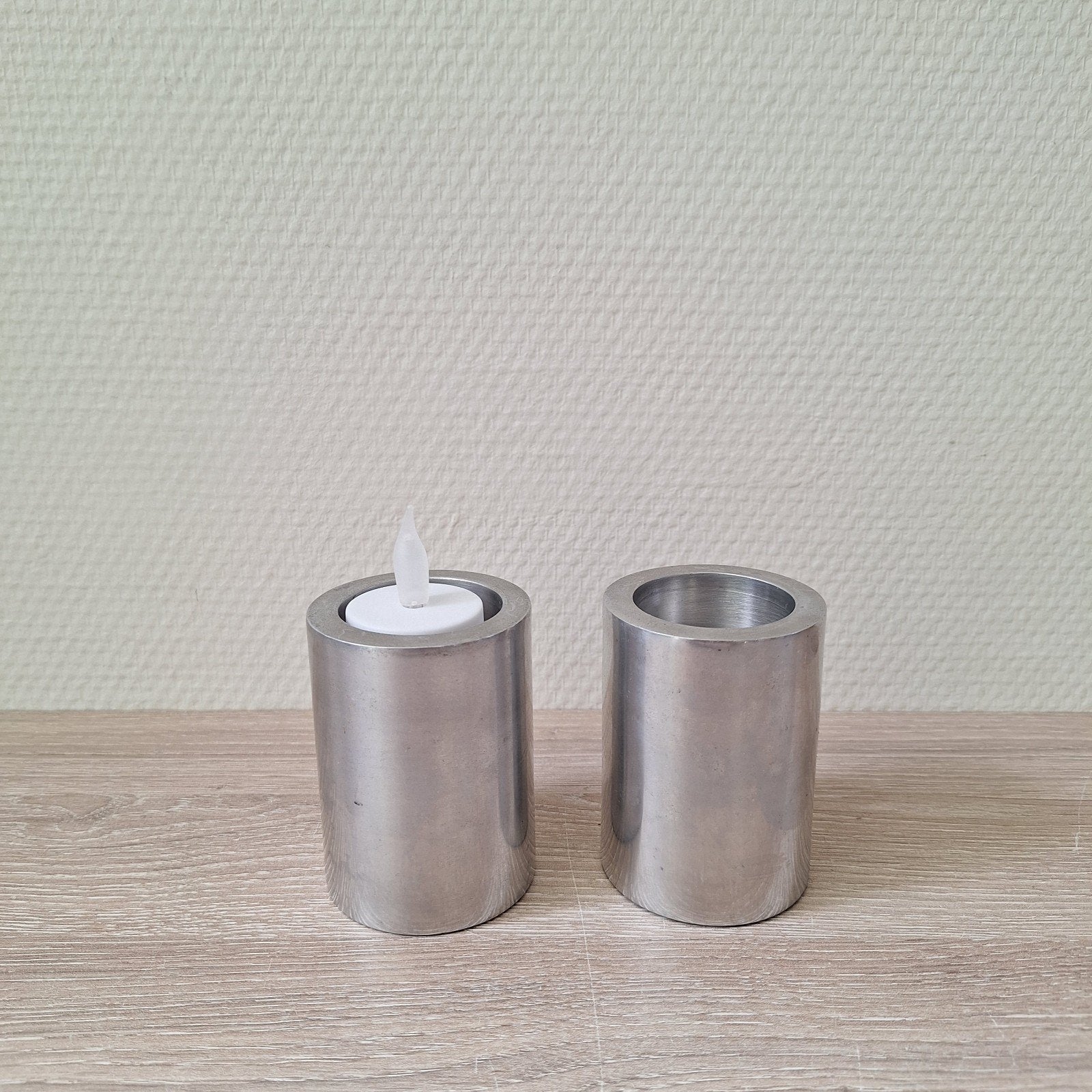 Vintage Hema aluminium waxinelichthouders kaarsenhouders, Ophalen of Verzenden, Zo goed als nieuw, Metaal, Grijs