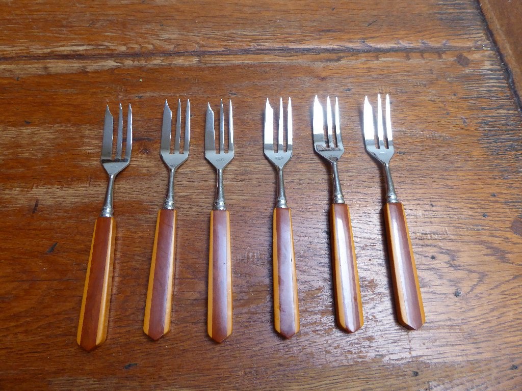 6 art deco taartvorkjes met bakeliet, Antiek en Kunst, Ophalen of Verzenden