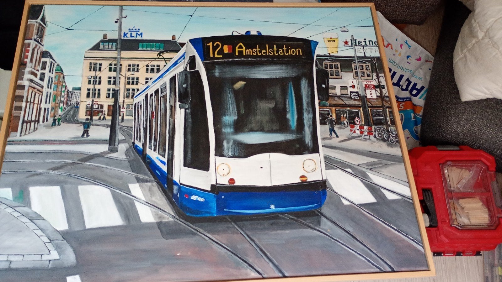 Schilderij Amsterdamse Tram - 93x73 cm, Ophalen, Handgeschilderd, Olieverf, Stadsgezicht