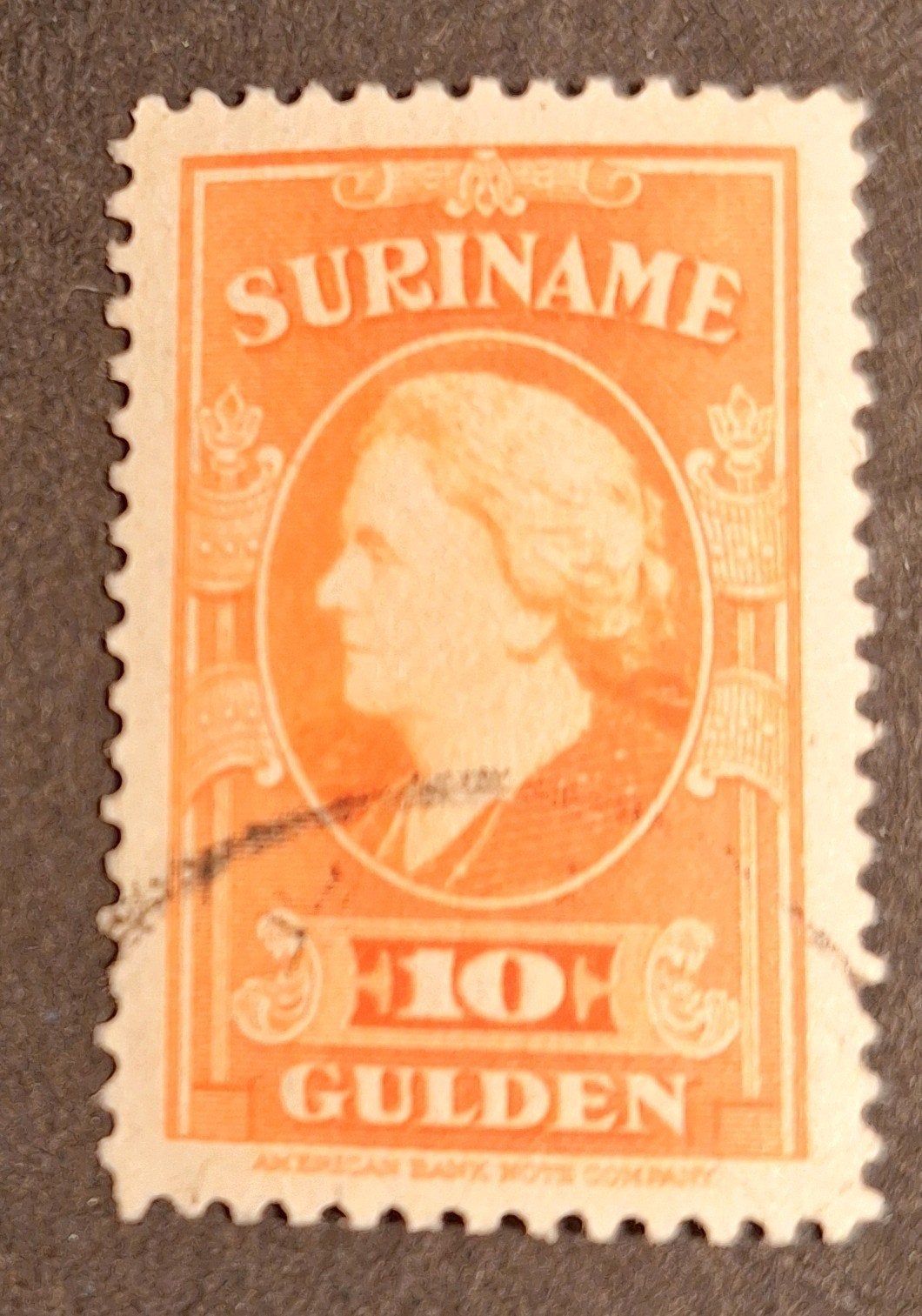 1945 SURINAME  - 10 gulden KON.WILHELMINA, Ophalen of Verzenden, Gestempeld