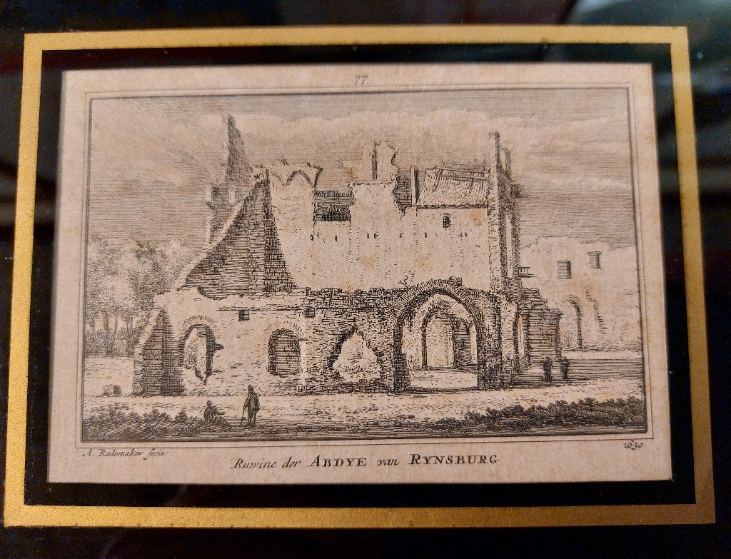 De Abdij van Rijnsburg Gravure Antiek Ingelijst, Antiek en Kunst, Ophalen of Verzenden, Landschap, Gravure